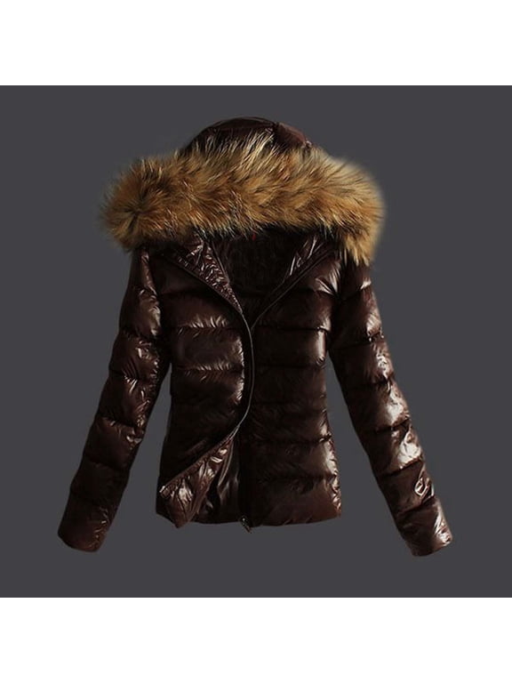 Women's Quilted Puffer Jacket Slim Fit Hood Winter Coat Thicken Shiny Puffer Coat Winter Warm Outerwear Jacket (Brown XL)