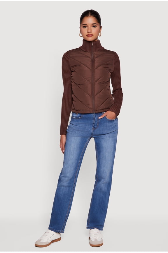 Women's Quilted Puffer Jacket with Ribbed Knit Sleeves