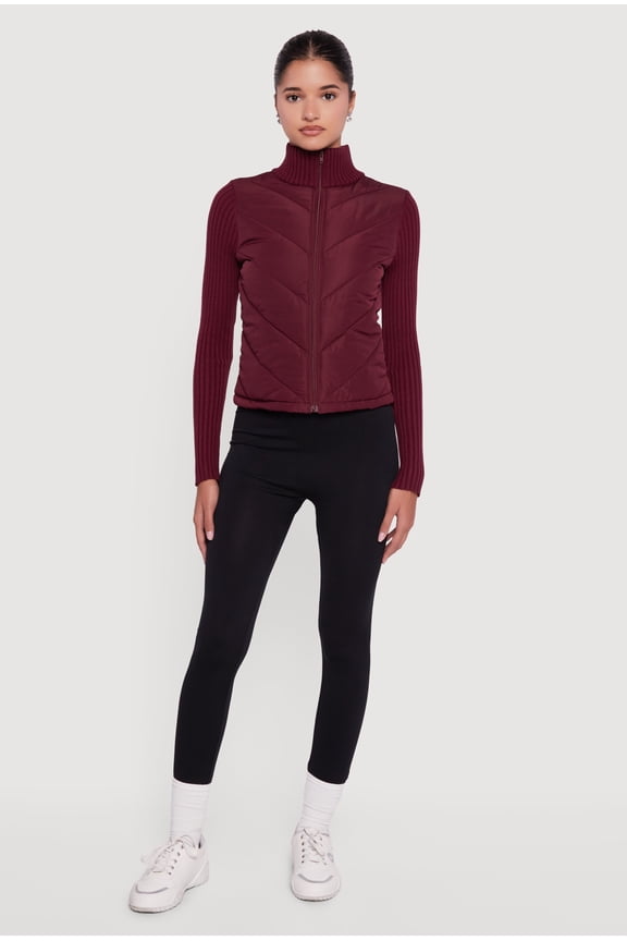 Women's Quilted Puffer Jacket with Ribbed Knit Sleeves