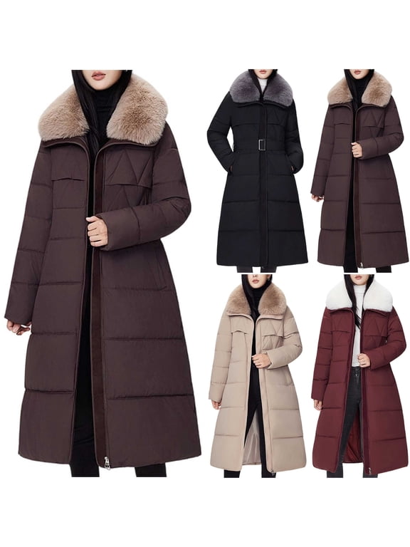 Women's Quilted Puffer Parka Coat Casual Shearling Collar Full Zip Long Sleeve Maxi Warm Insulated Winter Overcoat Jacket for Cold Weather Snow, Coffee, XL