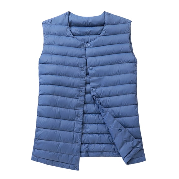 Women's Quilted Puffer Vest Lightweight Packable Cropped Down Jacket Sleeveless Button Up Outerwear Winter Clothes (L, Blue)