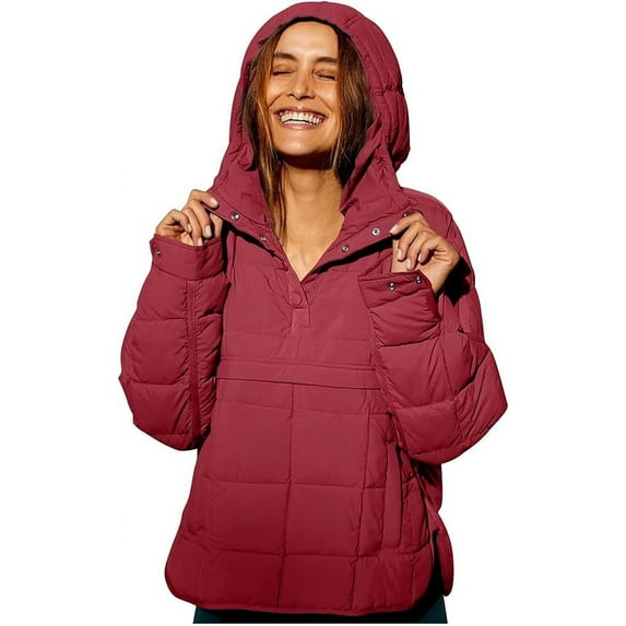 Women's Quilted Pullover Puffer Jacket Oversized Long Sleeve Hooded Coats Lightweight Winter Warm Pullover Outwear