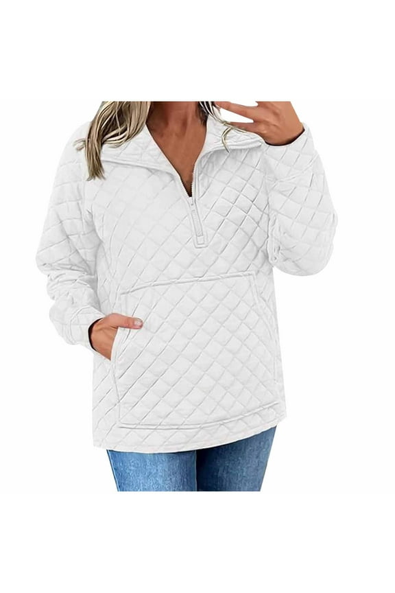 Women's Quilted Pullover Sweatshirt Top Quarter Zip Collar Long Sleeve V Neck Loose Fit Casual Solid Color Soft Warm Comfortable Casual Daily Wear Work Office Travel | CSEONE,White L