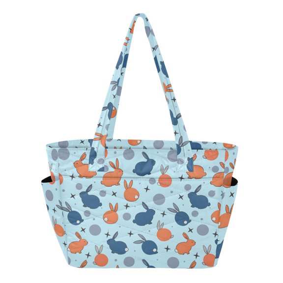 Women's Quilted Rabbit Wave Point Tote Bag with Zipper Large Polyester Shoulder Bag with Laptop & Luggage Sleeve Cute Printed for Work School Travel