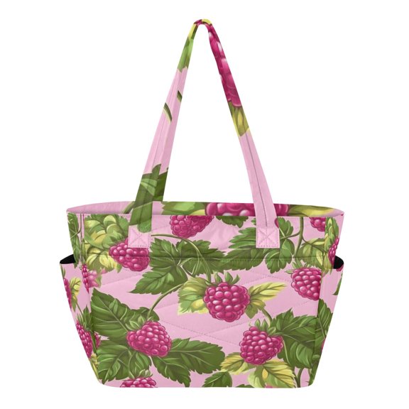 Women's Quilted Raspberry Fruit Pattern Tote Bag with Zipper Large Polyester Shoulder Bag with Laptop & Luggage Sleeve Cute Printed for Work School Travel