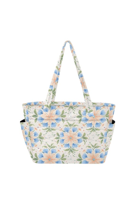 Women's Quilted Repeat Blue Flower Tote Bag with Zipper Large Polyester Shoulder Bag with Laptop & Luggage Sleeve Cute Printed for Work School Travel
