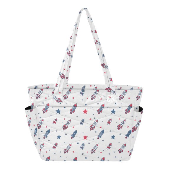 Women's Quilted Rockets and Stars Tote Bag with Zipper Large Polyester Shoulder Bag with Laptop & Luggage Sleeve Cute Printed for Work School Travel