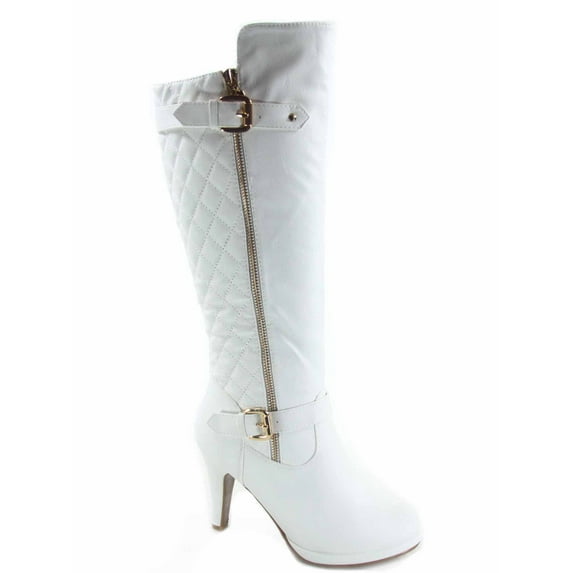 Women's Quilted Round Toe High Heel Platform Mid-Calf Knee High Boots Shoes