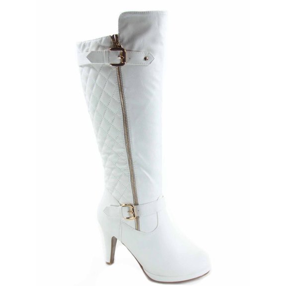 Women's Quilted Round Toe High Heel Platform Mid-Calf Knee High Boots Shoes