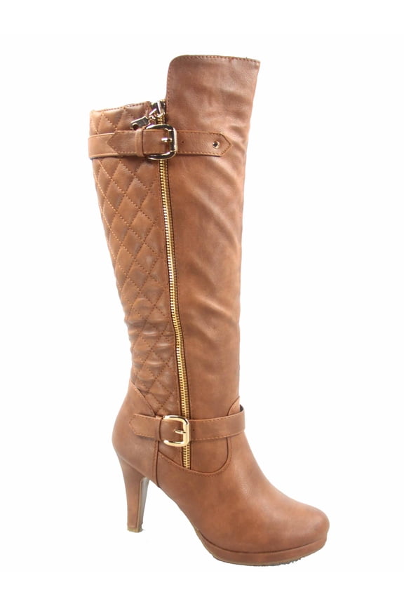 Women's Quilted Round Toe High Heel Platform Mid-Calf Knee High Boots Shoes
