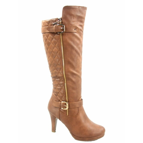 Women's Quilted Round Toe High Heel Platform Mid-Calf Knee High Boots Shoes
