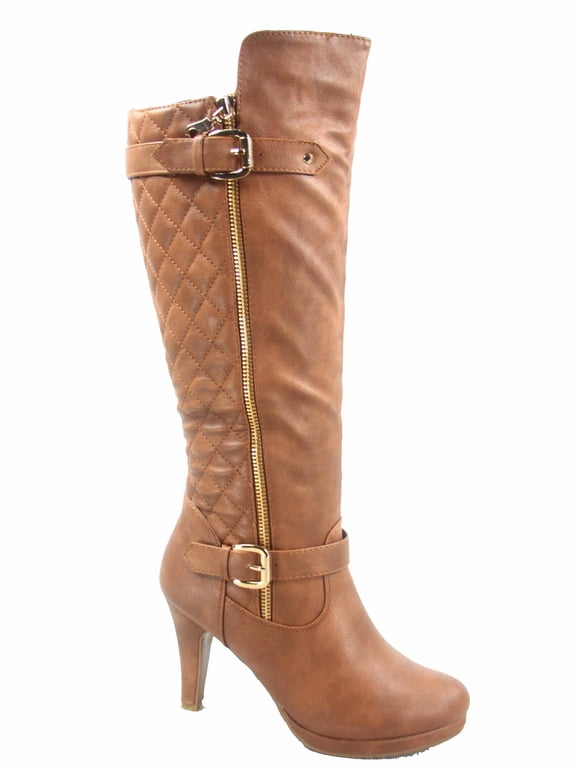 Women's Quilted Round Toe High Heel Platform Mid-Calf Knee High Boots Shoes