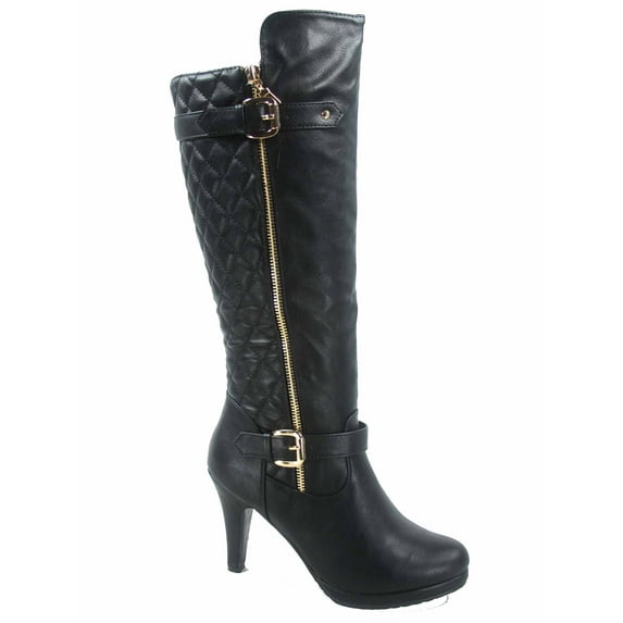 Women's Quilted Round Toe High Heel Platform Mid-Calf Knee High Boots Shoes