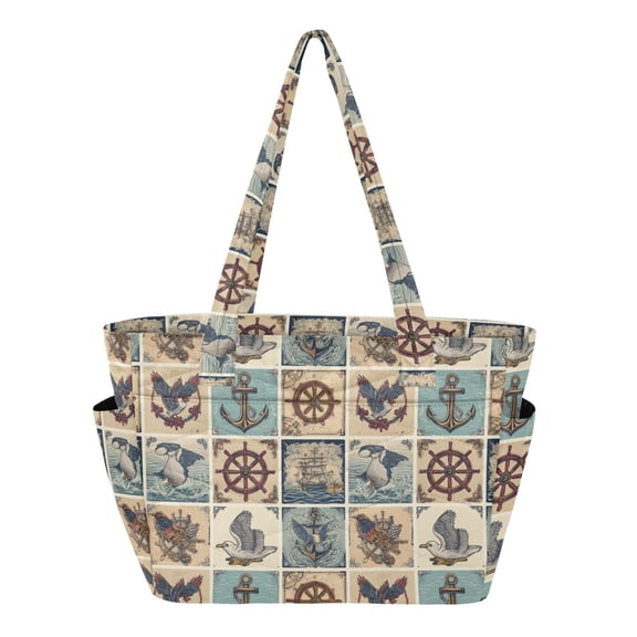 Women's Quilted Seagull Anchor Tote Bag with Zipper Large Polyester Shoulder Bag with Laptop & Luggage Sleeve Cute Printed for Work School Travel