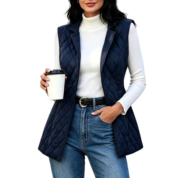 Women's Quilted Sleeveless Coat Winter Warm Casual Fashion Tunic Jackets Lapel Open Front Vest Outwear With Pockets (3XL, Navy)