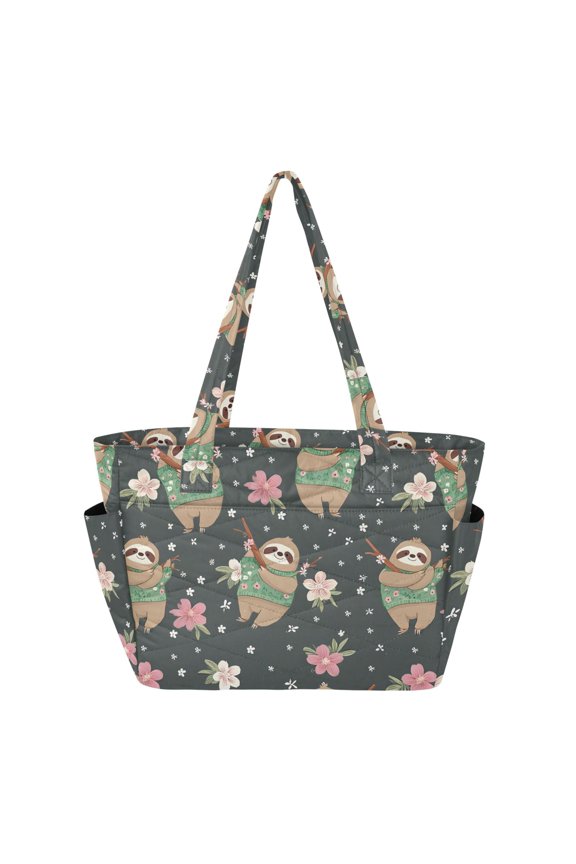 Women's Quilted Sloth Flower Tote Bag with Zipper Large Polyester Shoulder Bag with Laptop & Luggage Sleeve Cute Printed for Work School Travel