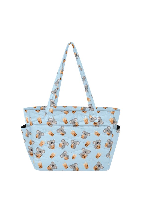 Women's Quilted Sloth Milk Tea Tote Bag with Zipper Large Polyester Shoulder Bag with Laptop & Luggage Sleeve Cute Printed for Work School Travel