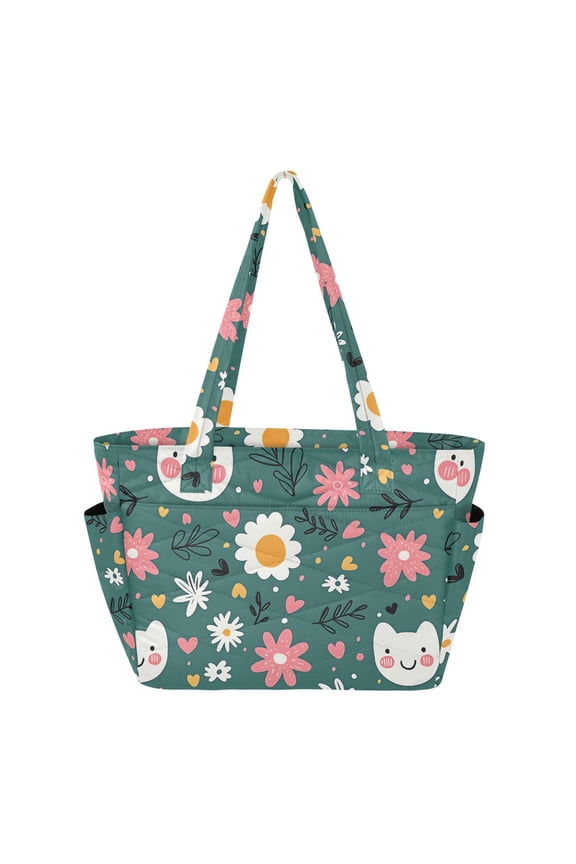 Women's Quilted Smiley Tile Flower Tote Bag with Zipper Large Polyester Shoulder Bag with Laptop & Luggage Sleeve Cute Printed for Work School Travel