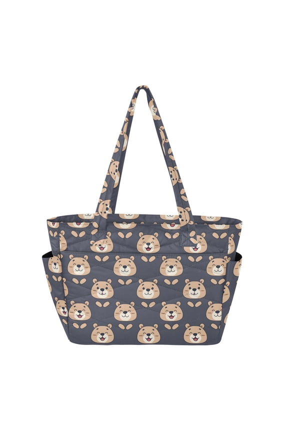 Women's Quilted Smiling Bear Tote Bag with Zipper Large Polyester Shoulder Bag with Laptop & Luggage Sleeve Cute Printed for Work School Travel