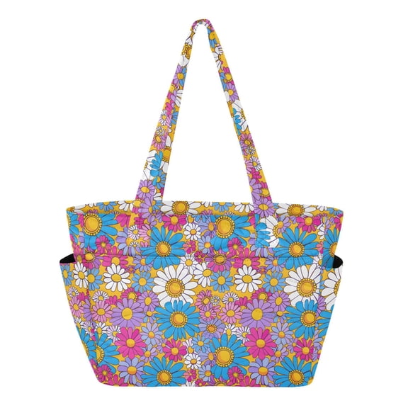 Women's Quilted Square Vector - Flower Characters in Hippie Style Tote Bag with Zipper Large Polyester Shoulder Bag with Laptop & Luggage Sleeve Cute Printed for Work School Travel