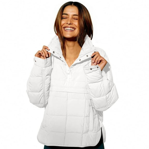 Women's Quilted Stand Collar Down Jacket, Oversized Long Sleeve Lightweight Winter Coat with Pockets, Thermal Insulated Puffer Jacket for Cold Weather Protection and Daily Warmth White XXXL