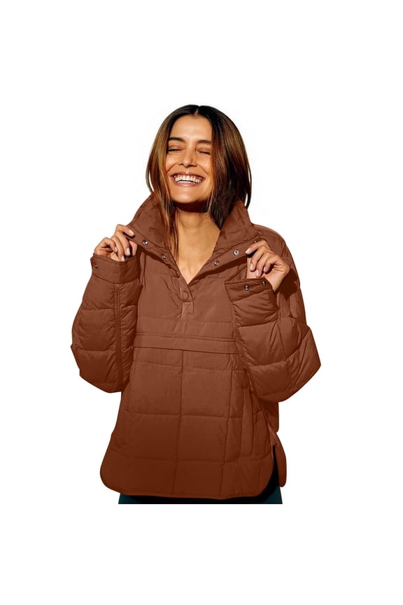 Women's Quilted Stand Collar Down Jacket, Oversized Long Sleeve Lightweight Winter Coat with Pockets, Thermal Insulated Puffer Jacket for Cold Weather Protection and Daily Warmth Brown XXXL