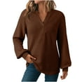 thumbnail image 1 of Women's Quilted Sweatshirts Casual V Neck Long Sleeve Loose Fit Tunic Tops Dressy Fashion Sweater Tops Office Outfit (L, Coffee), 1 of 8