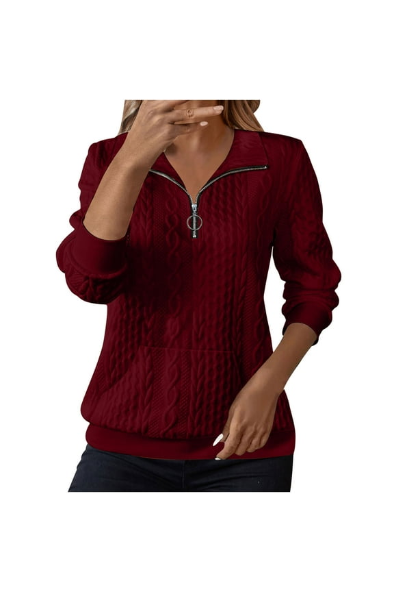 Women's Quilted Sweatshirts Quarter Zipper Sweater Stand Collared Long Sleeve Textured Solid Casual Loose Fashion Fall Pullover Tops