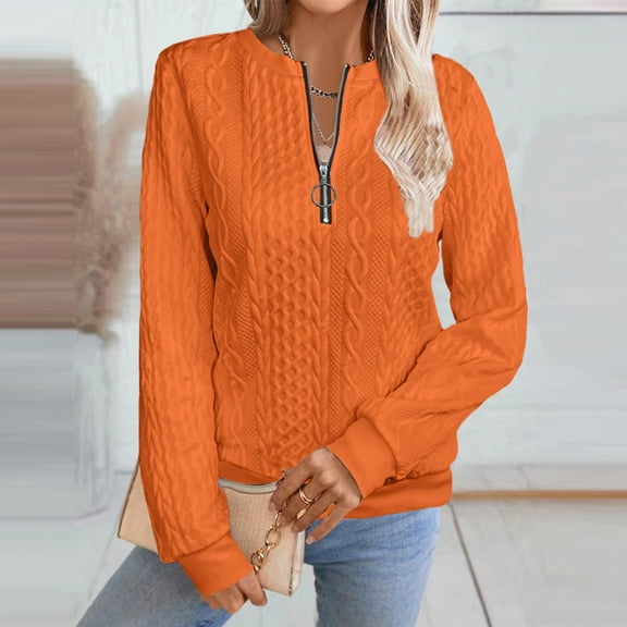 Women's Quilted Sweatshirts Zipper Neck Long Sleeve Textured Solid Casual Loose Fashion Fall Pullover Tops Saffron M