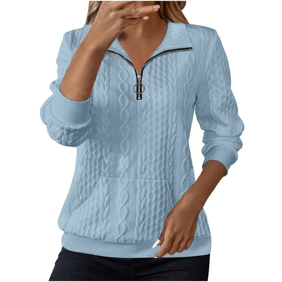 Women's Quilted Sweatshirts Quarter Zipper Sweater Stand Collared Long Sleeve Textured Solid Casual Loose Fashion Fall Pullover Tops