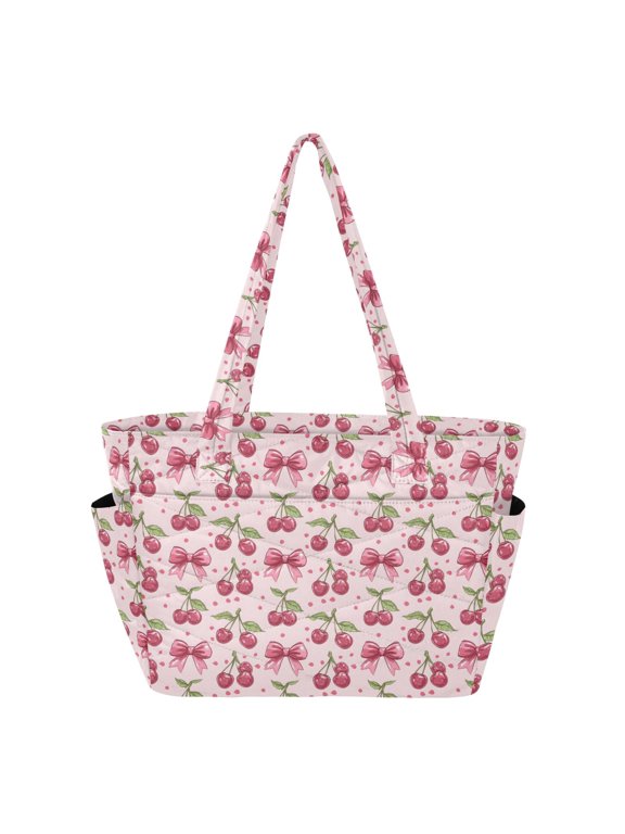 Women's Quilted Sweet Cherries Tote Bag with Zipper Large Polyester Shoulder Bag with Laptop & Luggage Sleeve Cute Printed for Work School Travel