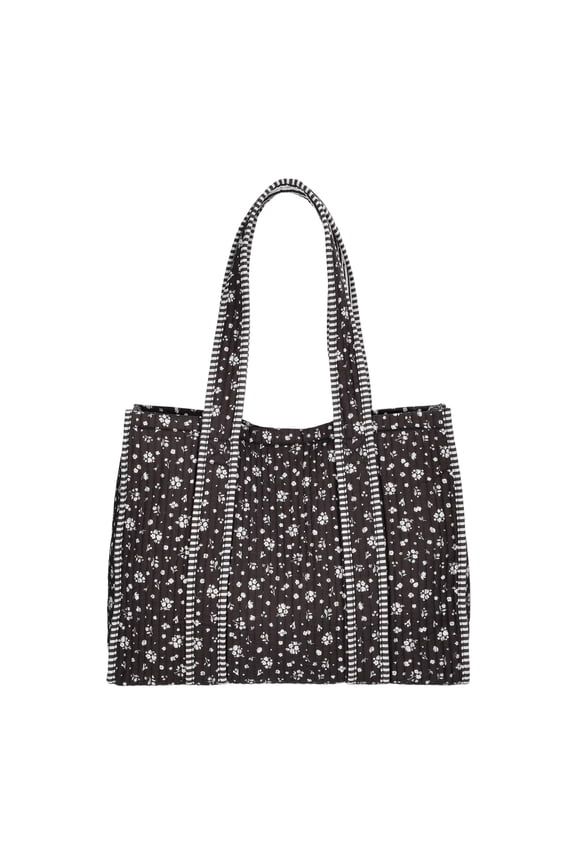 Womens Quilted Tote Bag Black Ditsy Floral and Stripe Print, 100% Cotton Soft Shoulder Handbag with Magnetic Snap Closure and Double Straps for Everyday Carry