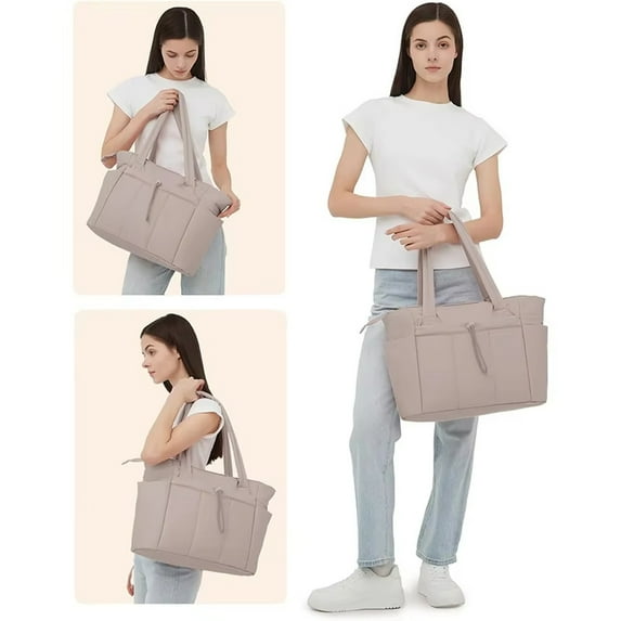 Women's Quilted Tote Bag With Laptop Compartment & Cup Holder, Stylish Portable Shoulder Handbag For Travel Work Camping
