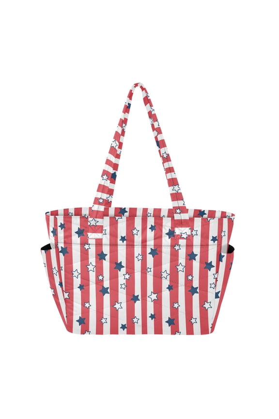 Women's Quilted Usa Flag 4th July American Red White Blue Star Stripes Tote Bag with Zipper Large Polyester Shoulder Bag with Laptop & Luggage Sleeve Cute Printed for Work School Travel