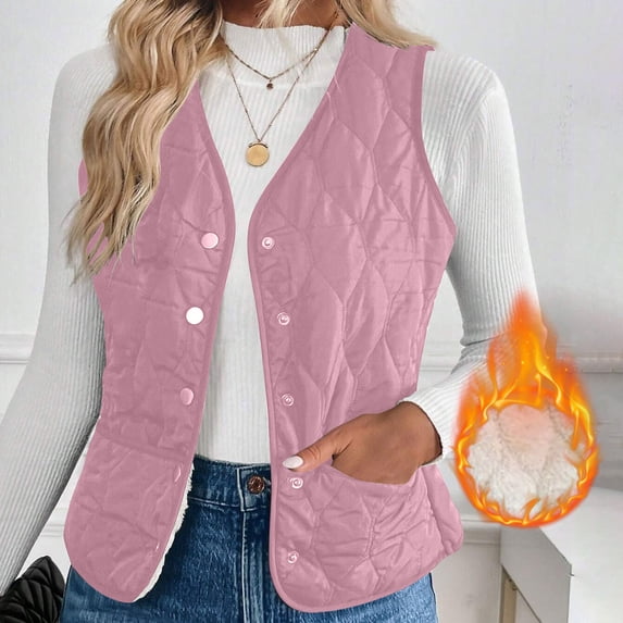 Women's Quilted Vest Fleece Lined Sleeveless Lightweight Jacket V Neck Buttons Winter Warm Soft Casual Gilet with Pockets