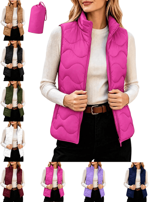 Women's Quilted Vest Stand Collar Sleeveless Packable Puffer Gilet Lightweight Solid Color Warm Vest for Outerwear Travel Essentials