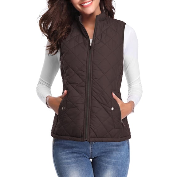 Women's Quilted Vest Stand Collar Zip Padded Gilet Brown XXL