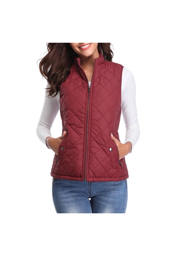 Women's Quilted Vest Stand Collar Zip Padded Gilet Wine Red XXL
