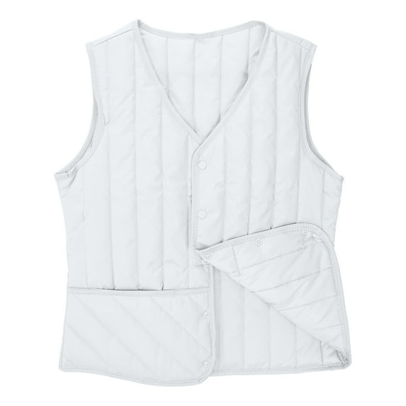 Women's Quilted Vests Cotton Padded Home Coat Sleeveless Button Warm Jackets Waistcoat with Pocket White L