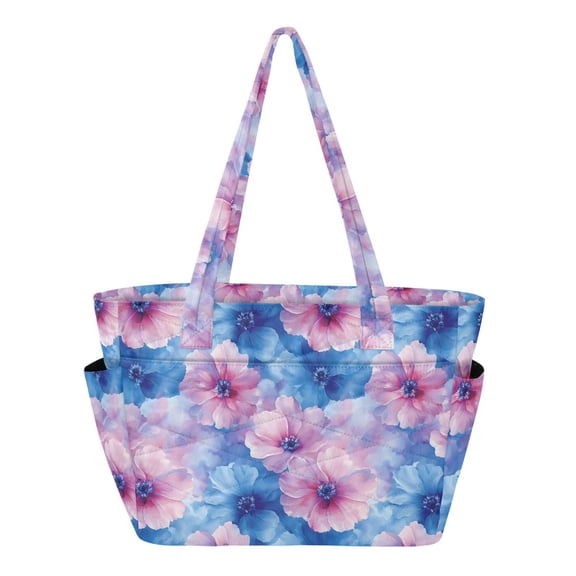 Women's Quilted Watercolor Poppy Tote Bag with Zipper Large Polyester Shoulder Bag with Laptop & Luggage Sleeve Cute Printed for Work School Travel