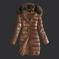 thumbnail image 1 of Women's Quilted Winter Warm Coat with Fur Collar and Hooded Jacket, Thick and Insulated for Freezing Temperatures, in Brown, Size XL, 1 of 4