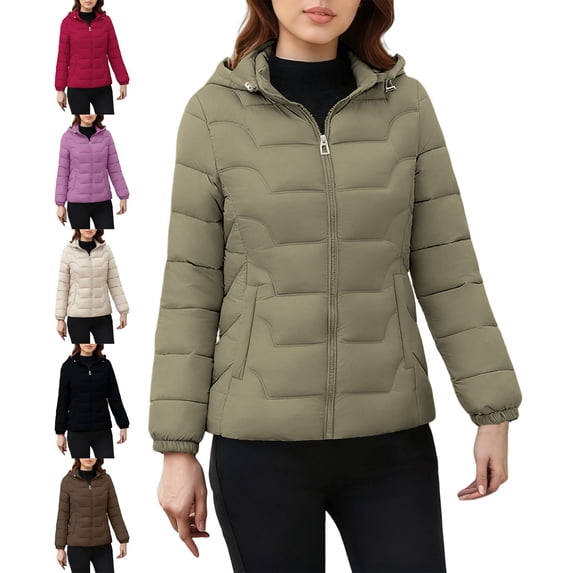 Women's Quilted Zip Front Puffer Coat, Drawstring Hood Casual Winter Outerwear, Multiple Colors