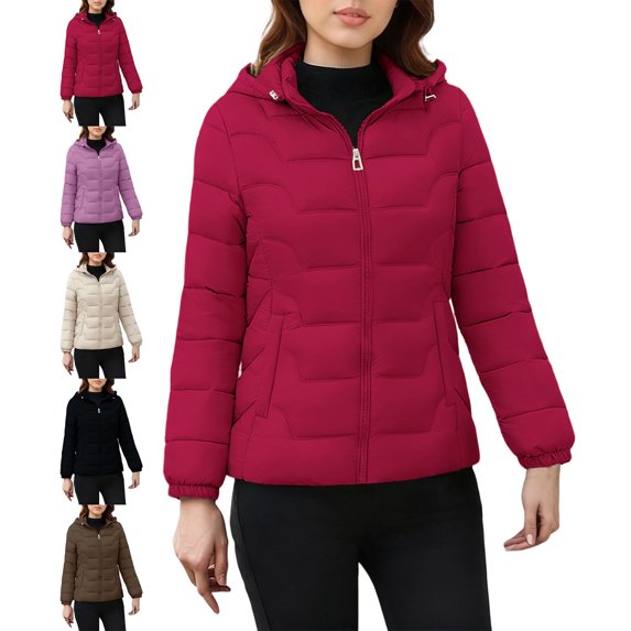 Women's Quilted Zip Front Puffer Coat, Drawstring Hood Casual Winter Outerwear, Multiple Colors