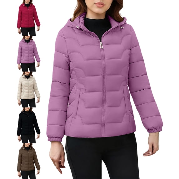 Women's Quilted Zip Front Puffer Coat, Drawstring Hood Casual Winter Outerwear, Multiple Colors