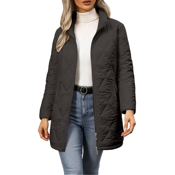 Women's Quilted Zip Up Jacket Stand Collar Diamond Quilted Coat Mid-Length Zip Up Lightweight Padded Jacket Loose Fit Outerwear for Work Daily Wear Fall Winter