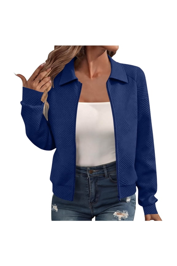 Women's Quilted Zip-Up Jacket, Casual Collared Long Sleeve Knit Cardigan Coat for Daily Commutes and Dates