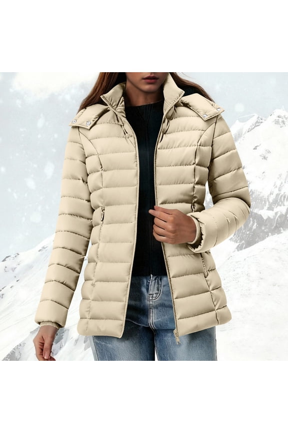 Women's Quilted down Coat Lightweight Waterproof Puffer Jacket Warm Thicken Hooded Outwear with Pocket New Fall Outerwear for Women Beige XL