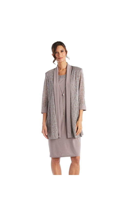 Women's R&M Richards 2-Piece Metallic Jacquard Dress and Jacket Set Color: Champagne Size: 18