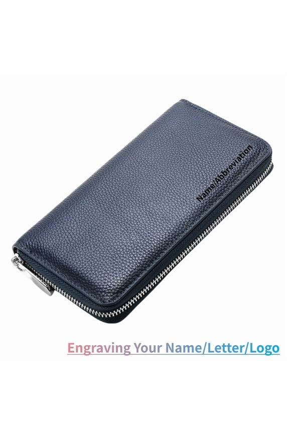 Women's RFID Blocking 100% Leather Large Capacity Zip Around Wallet Phone Holder Clutch Travel Purse Wristlet, Personalized Engraved Name Wallet, Blue