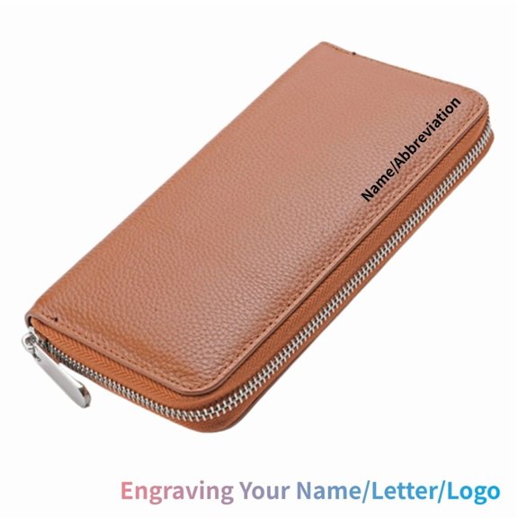 Women's RFID Blocking 100% Leather Large Capacity Zip Around Wallet Phone Holder Clutch Travel Purse Wristlet, Personalized Engraved Name Wallet, Brown